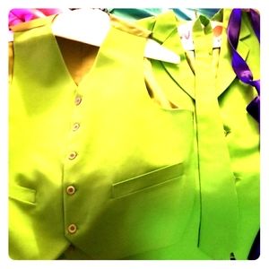 Green suit and tie and purple tie